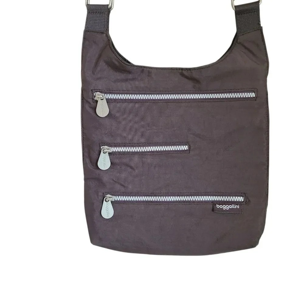 baggallini crossbody travel purse lightweight 3 zipper front dark grey bag